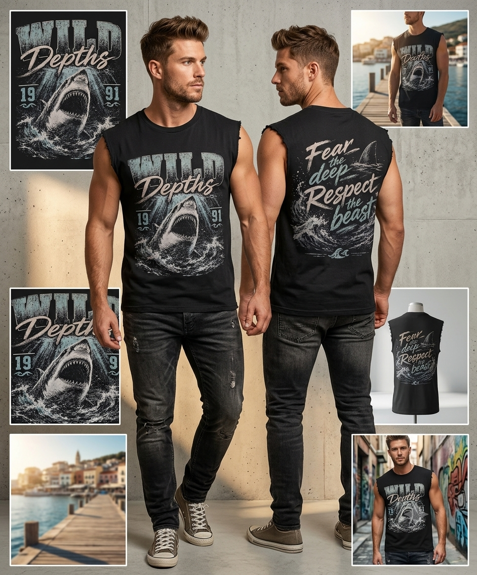 Sleeveless Black T-Shirt with Shark Design