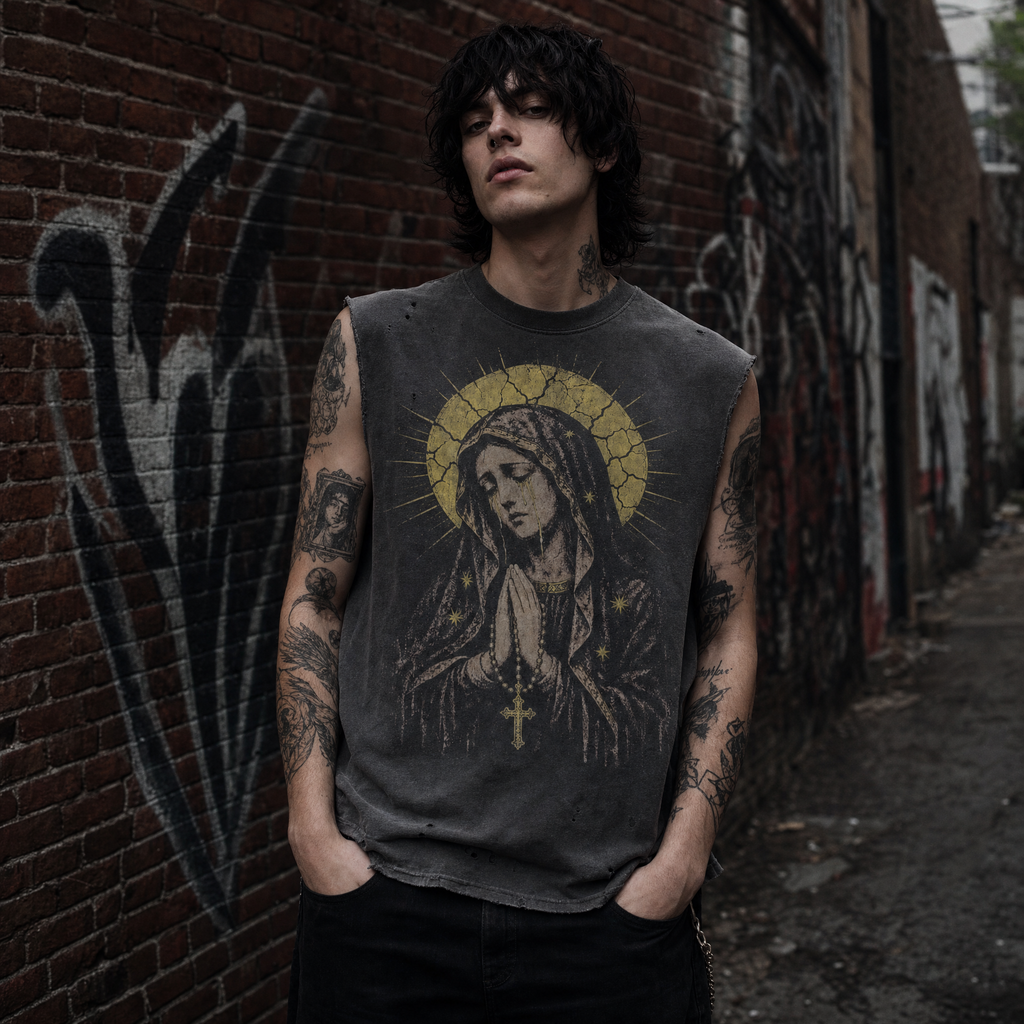 Mary Praying Sleeveless Shirt - Elegant Black Top for Comfort and Style