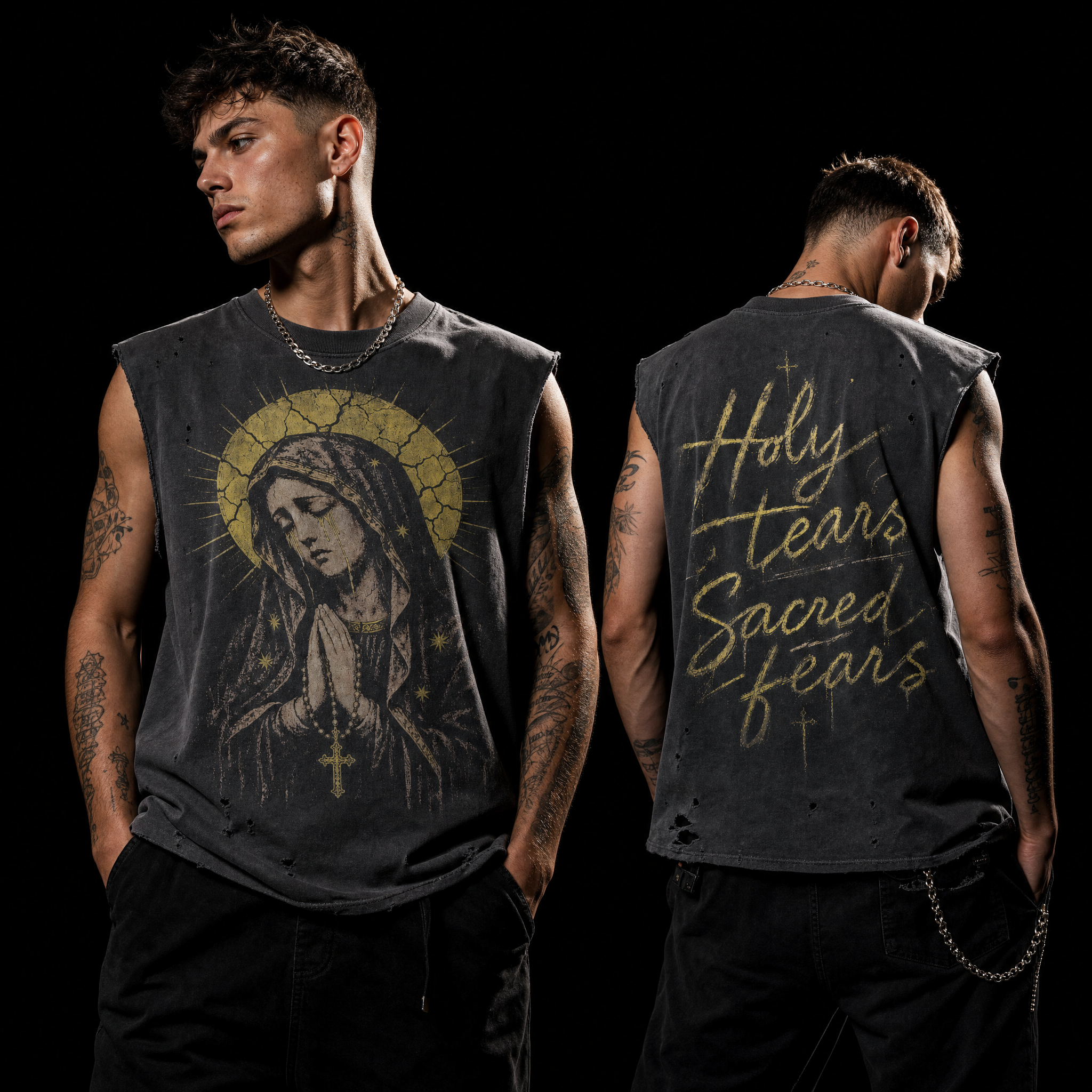 Mary Praying Sleeveless Shirt - Elegant Black Top for Comfort and Style