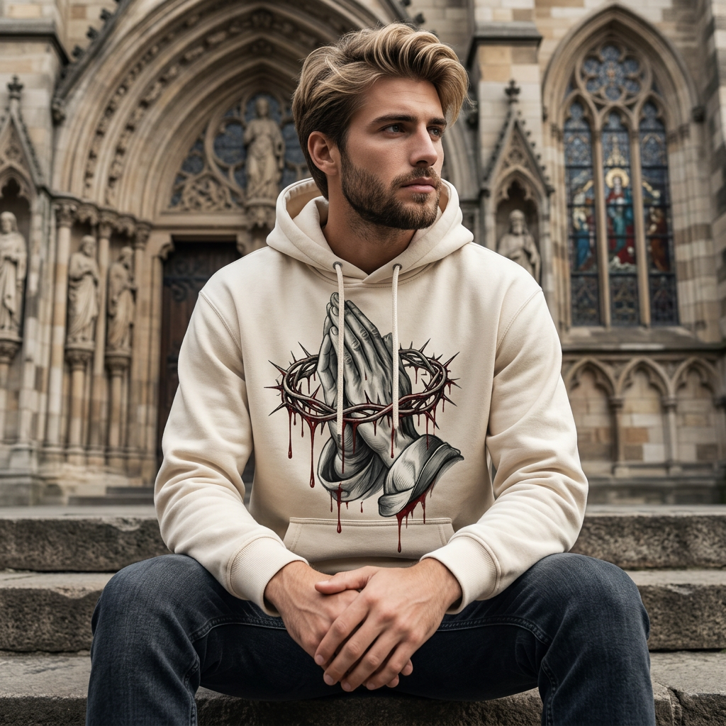 Essential White Hoodie – Praying Hands Graphic - Guilty Desire Shop