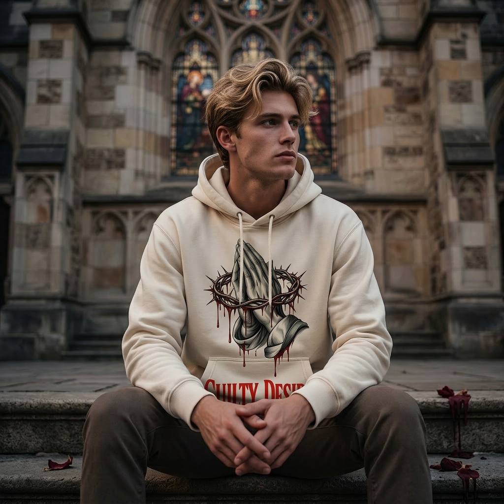 Essential White Hoodie – Praying Hands Graphic - Guilty Desire Shop