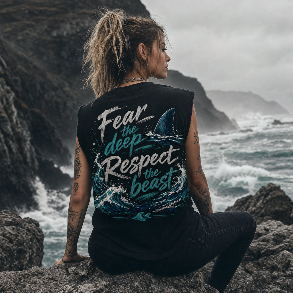 Sleeveless Black T-Shirt with Shark Design
