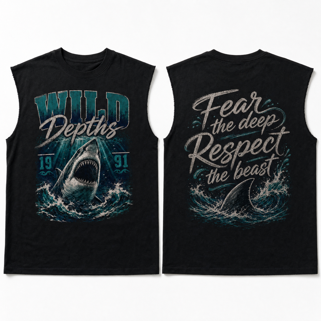 Sleeveless Black T-Shirt with Shark Design