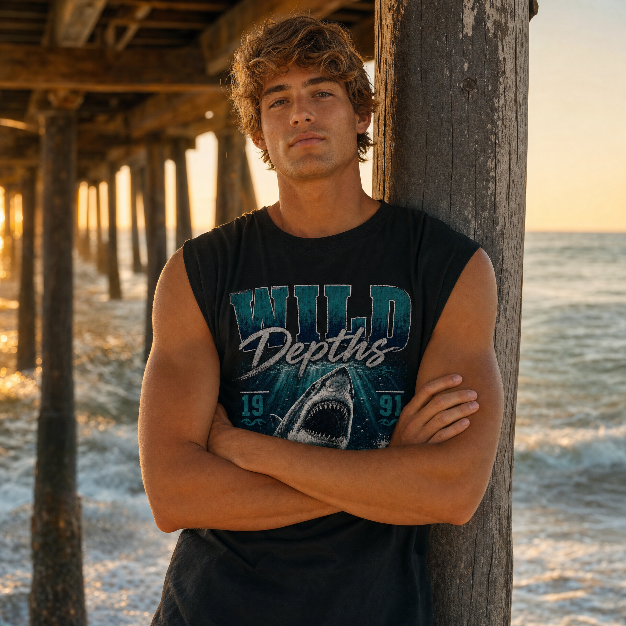 Sleeveless Black T-Shirt with Shark Design