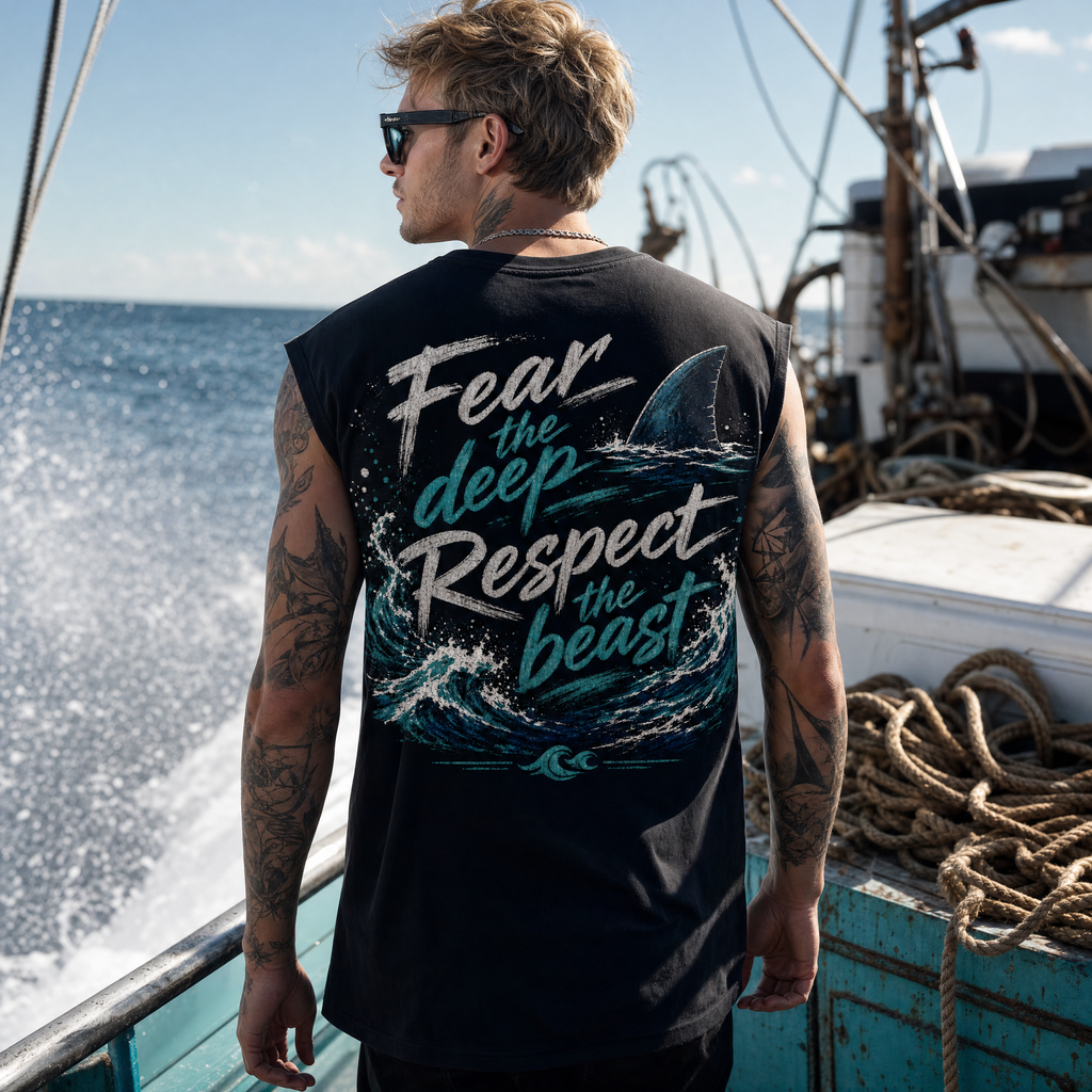 Sleeveless Black T-Shirt with Shark Design