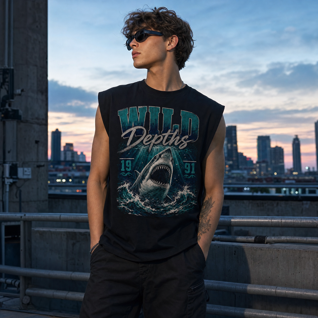 Sleeveless Black T-Shirt with Shark Design