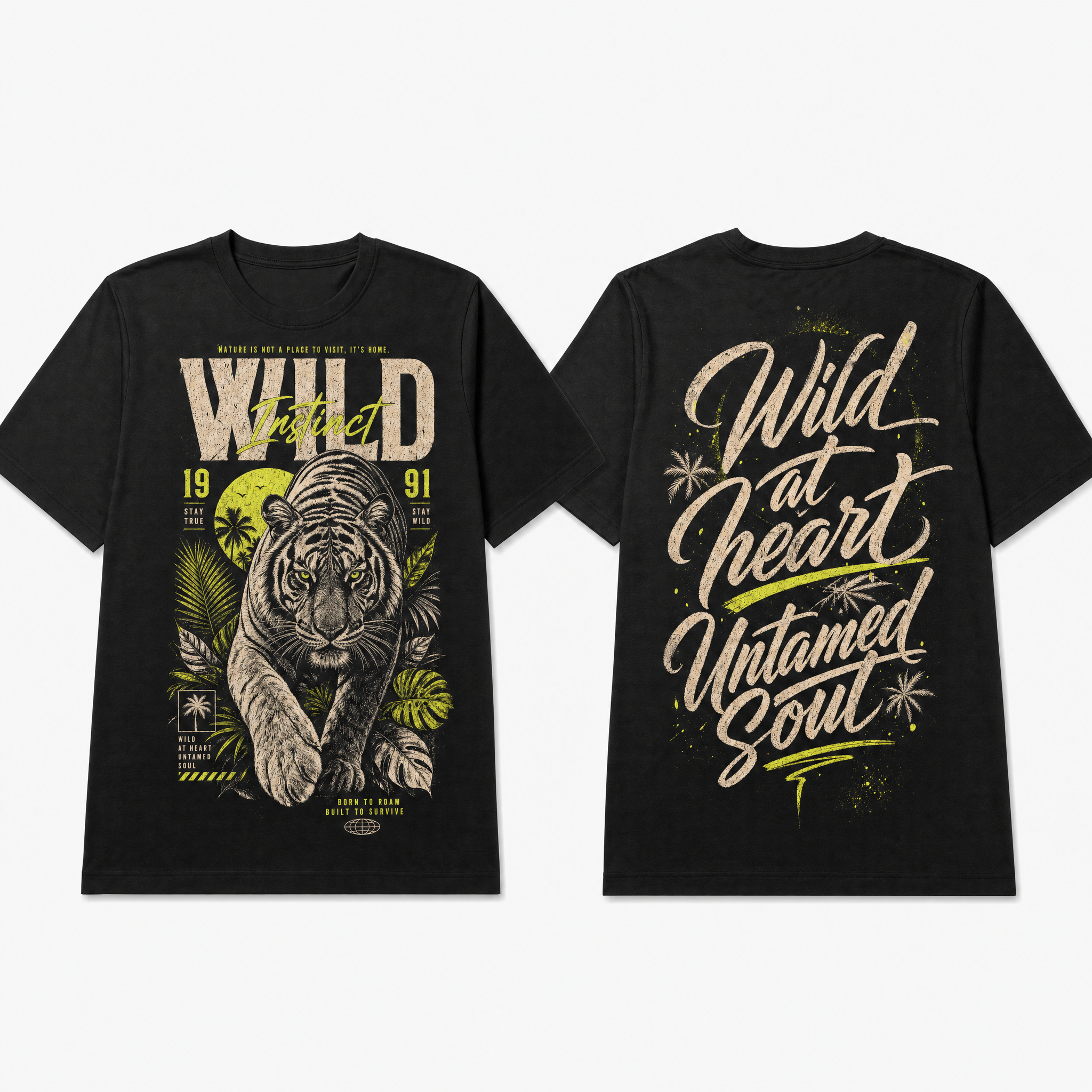 Short sleeve black shirt with Tiger & Jungle Fierce tiger, tropical leaves	"Wild at heart / Untamed soul" - Guilty Desire Shop