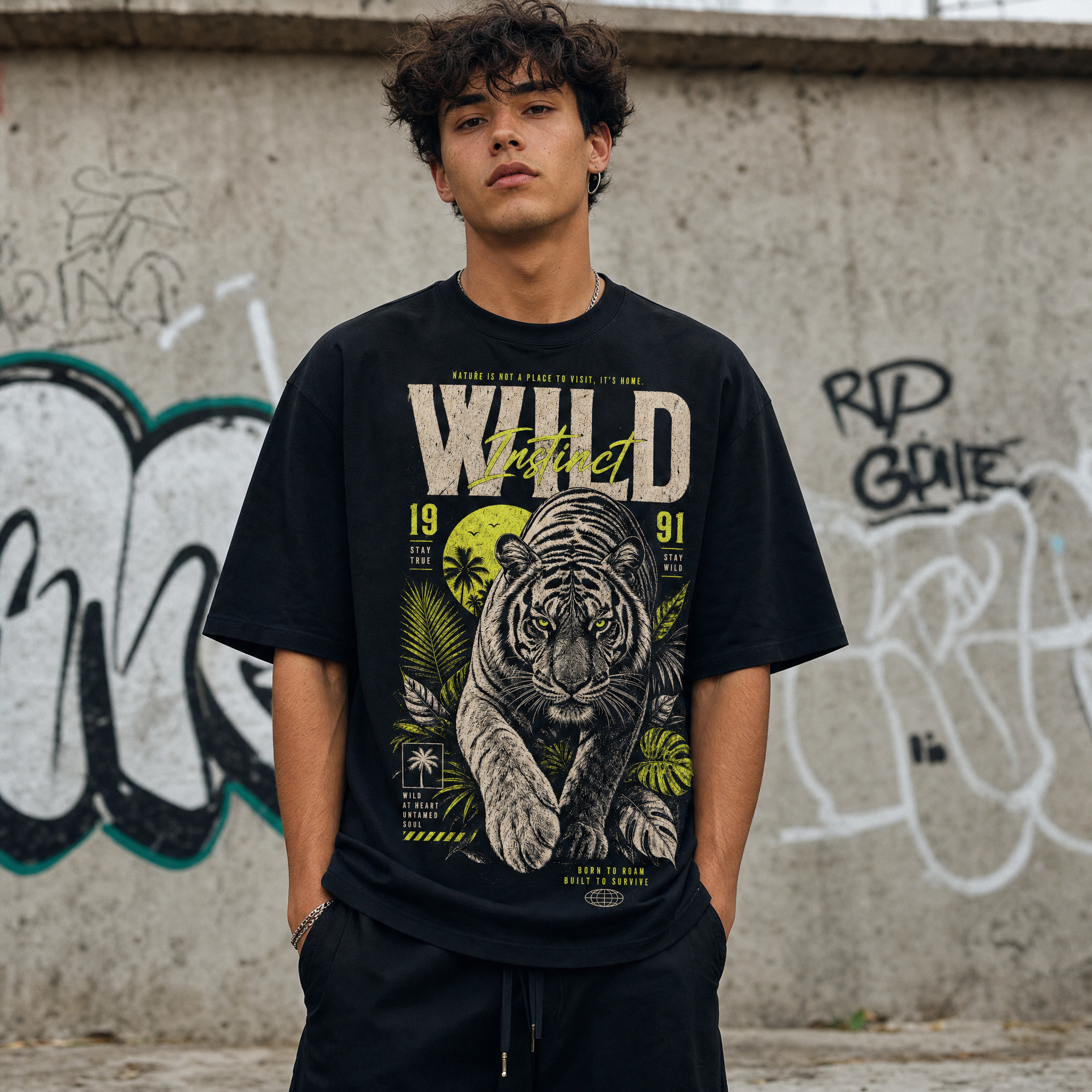 Short sleeve black shirt with Tiger & Jungle Fierce tiger, tropical leaves	"Wild at heart / Untamed soul" - Guilty Desire Shop
