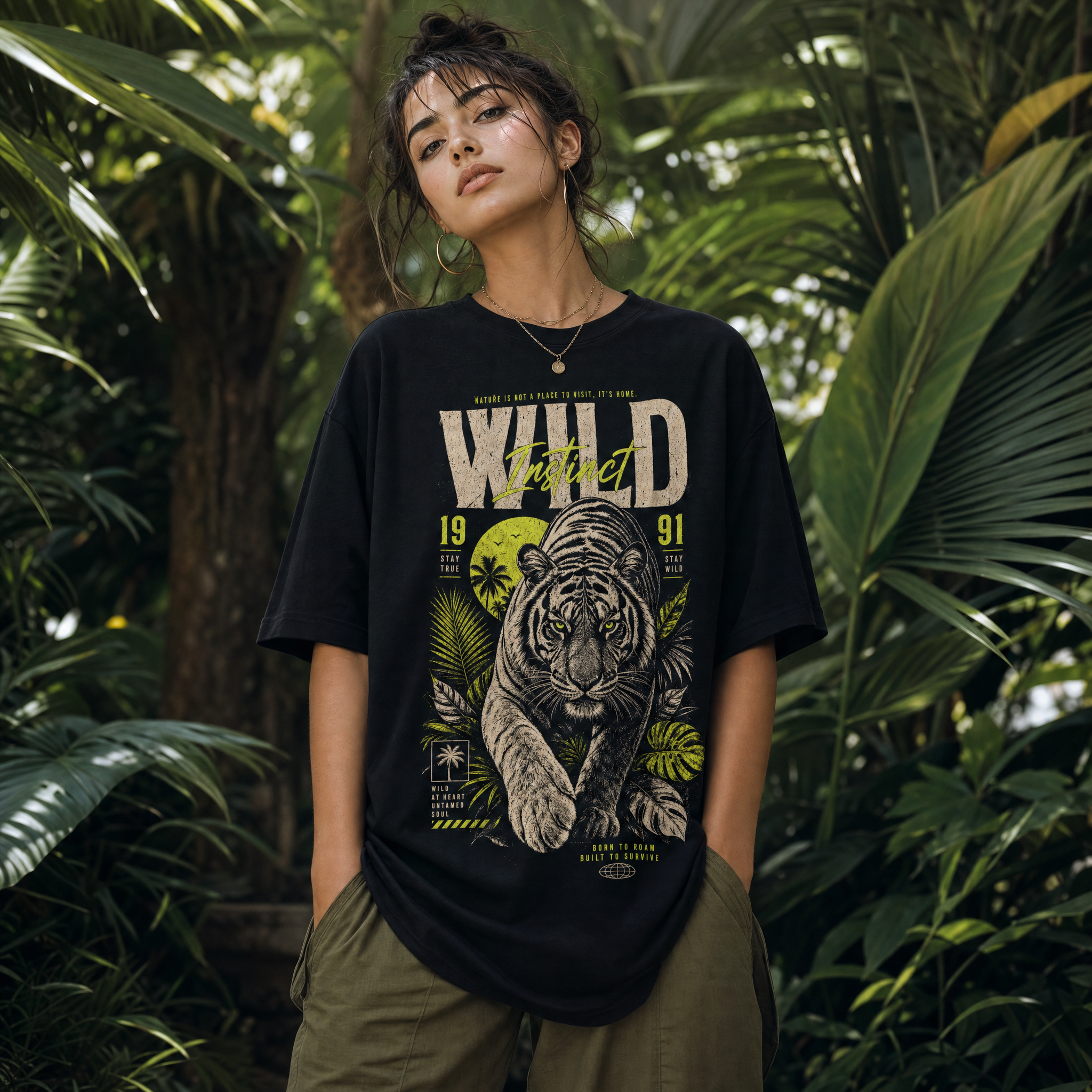 Short sleeve black shirt with Tiger & Jungle Fierce tiger, tropical leaves	"Wild at heart / Untamed soul" - Guilty Desire Shop
