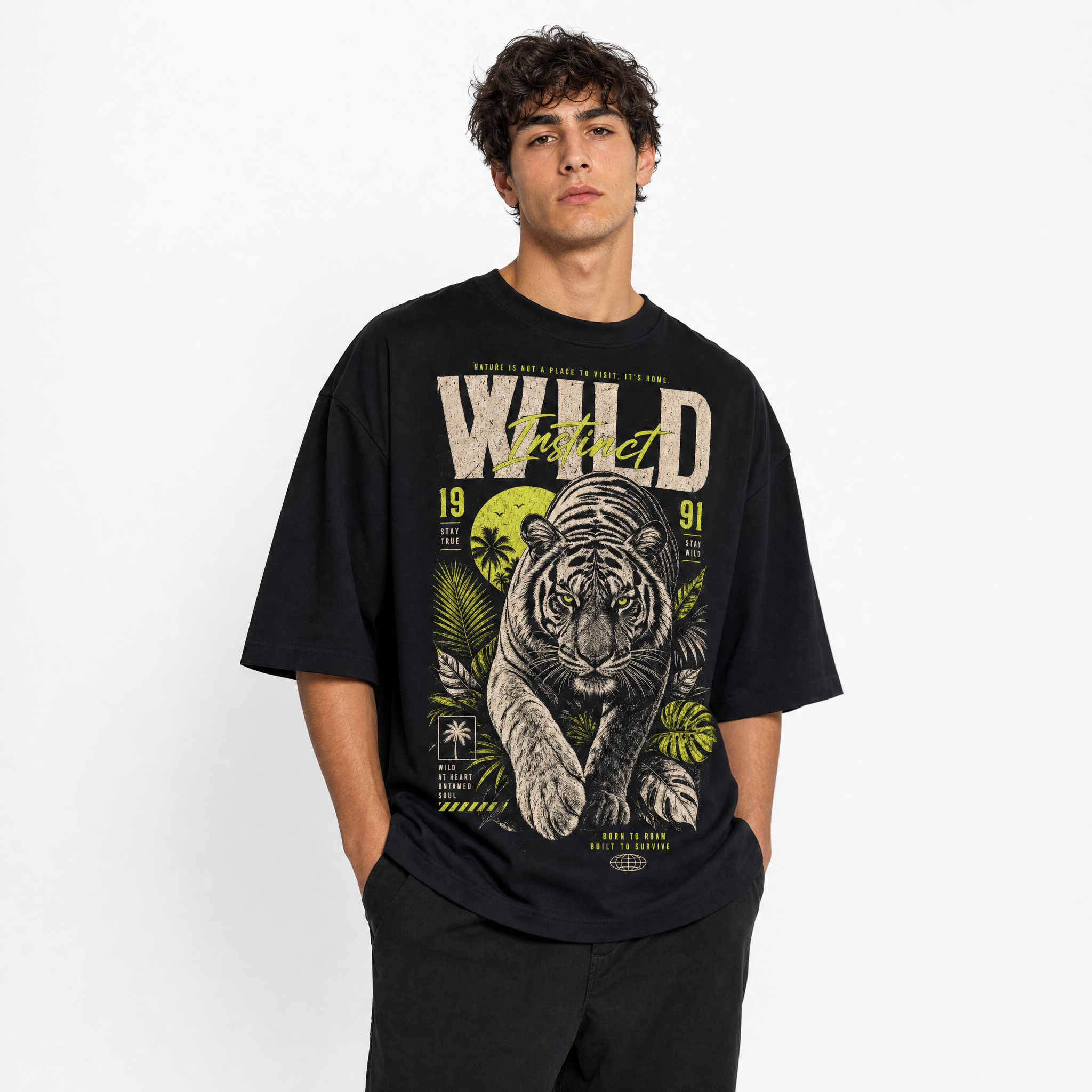 Short sleeve black shirt with Tiger & Jungle Fierce tiger, tropical leaves	"Wild at heart / Untamed soul" - Guilty Desire Shop
